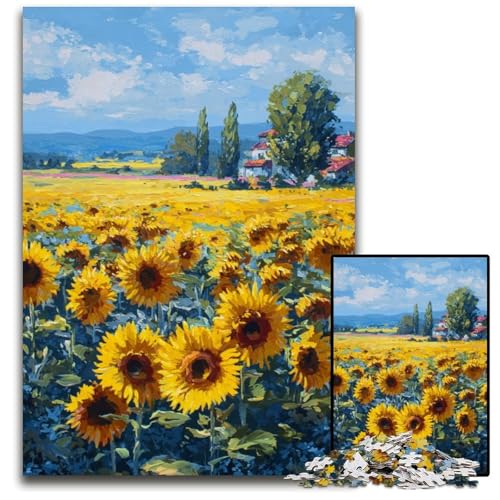 Puzzle für Erwachsene, 1000 Teile, Sonnenblumenfeld, Holzpuzzle, Spiel für Erwachsene, Geschenk, Familien-Interaktives Spiel, Gehirn-Herausforderung, Geschenk, 50x75cm von JIANGENNF