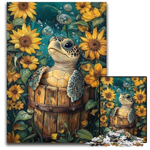 Puzzle für Erwachsene, 1000 Teile, Sonnenblumenschildkröte, Holzpuzzle, anspruchsvolles Spielspielzeug, einzigartige Geburtstags- und Geschenkideen für Kinder ab 14 Jahren, 50x75cm von JIANGENNF