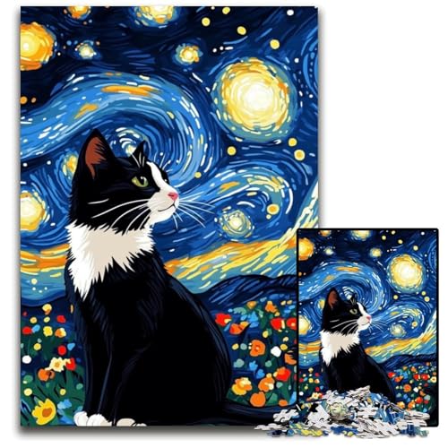 Puzzle für Erwachsene, 1000 Teile, Van Gogh, Nachthimmel-Katze, Holzpuzzle, Spiel für Erwachsene, Geschenk, Familien-Interaktives Spiel, Gehirn-Herausforderung, Geschenk, 50x75cm von JIANGENNF