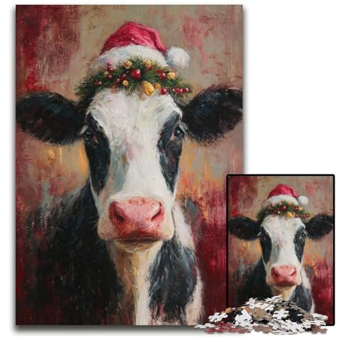 Puzzle für Erwachsene, 1000 Teile, Weihnachtsmannmütze, Kuh, Kartonpuzzle, Lernspielzeug, ganze Familie, ab 14 Jahren, 26x38cm Puzzle für Erwachsene, 1000 Teile, Weihnachtsmannmütze, Kuh, Kartonpuzzle, Lernspielzeug, ganze Familie, ab 14 Jahren, 26x38cm von JIANGENNF