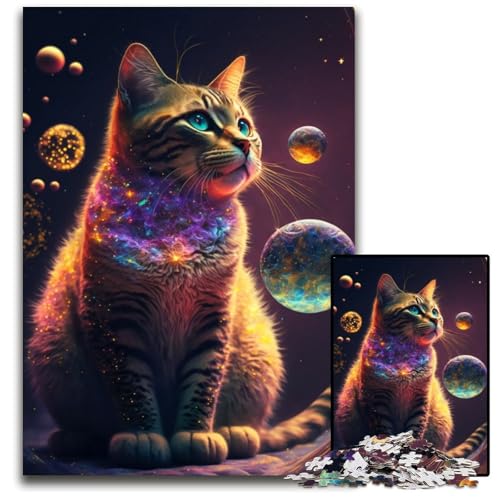 Puzzle für Erwachsene, 1000 Teile, Weltraum-Kätzchen-Katze, Holzpuzzle, Spiel für Erwachsene, Geschenk, Familien-Interaktives Spiel, Gehirn-Herausforderung, Geschenk, 50x75cm/19,68x29,52 Zoll von JIANGENNF