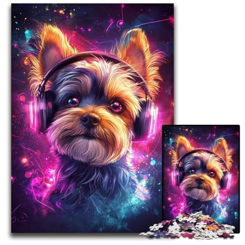 Puzzle für Erwachsene, 1000 Teile, Yorkshire Terrier hört Musik, Papppuzzles für Heimdekorationsgeschenke, anspruchsvolles Familienspielzeug, perfekt für Spieleabende, 26x38cm von JIANGENNF