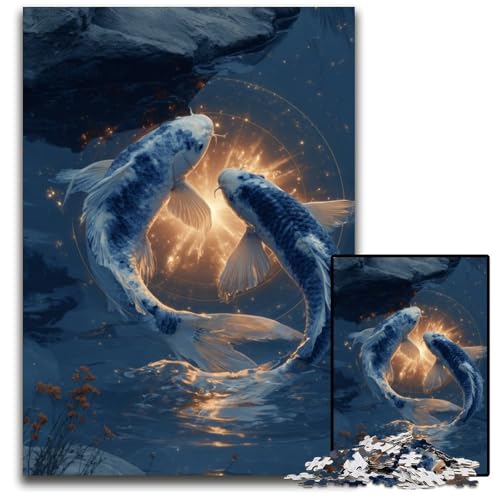 Puzzle für Erwachsene, 1000 Teile, Zwei Koi-Fische, Holzpuzzle, Spiel für Erwachsene, Geschenk, Familien-Interaktives Spiel, Gehirn-Herausforderung, Geschenk, 50x75cm von JIANGENNF