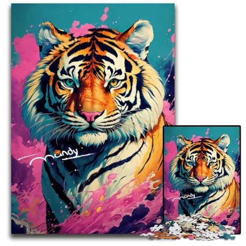 Puzzle für Erwachsene, 1000 Teile, farbenfrohe Tigerkunst, unmögliche Puzzles für Erwachsene, anspruchsvolles Denkspiel für Teenager, Spaß für den Familienspieleabend, 26x38cm/10,23x14,96 Zoll von JIANGENNF
