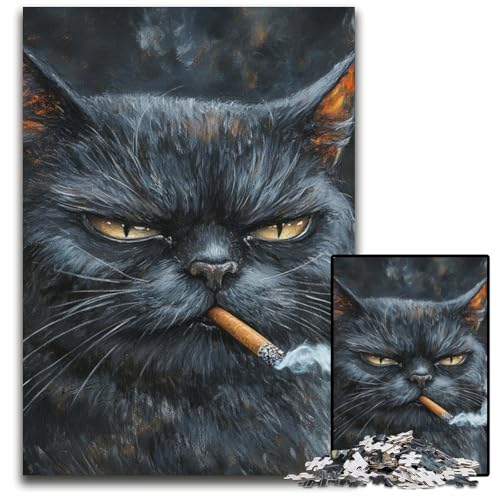 Puzzle für Erwachsene, 1000 Teile, rauchende Katze, Holzpuzzle, pädagogisches Denkspiel, künstlerische Heim- und Bürodekoration, ab 14 Jahren, 50x75cm von JIANGENNF