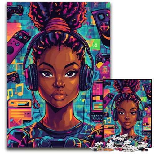 Puzzle für Erwachsene, 1000 Teile, schwarzes Mädchen hört Musik, Papppuzzle, kompliziertes Design für Teenager, DIY-Dekor und gehirnfördernder Spaß, 26x38cm von JIANGENNF