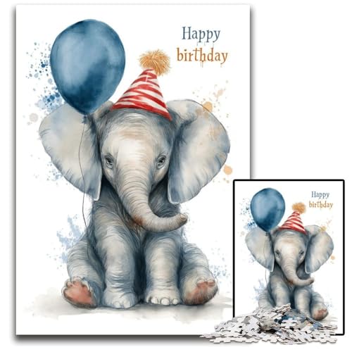 Puzzle für Erwachsene, 1000-teiliges Happy Birthday-Elefanten-Puzzle, interaktives Familienspiel, Denksport-Geschenk, Lernspielzeug, 26x38cm von JIANGENNF