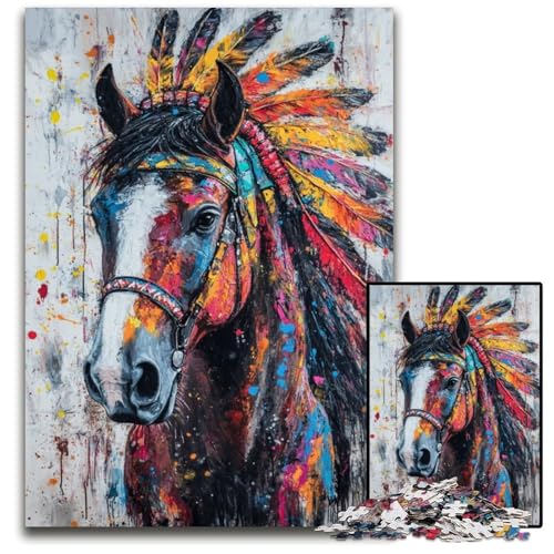 Puzzle für Erwachsene, 1000-teiliges Holzpuzzle mit indischem Pferd, Heimdekoration, Familienspaß, ab 14 Jahren, 50x75cm von JIANGENNF