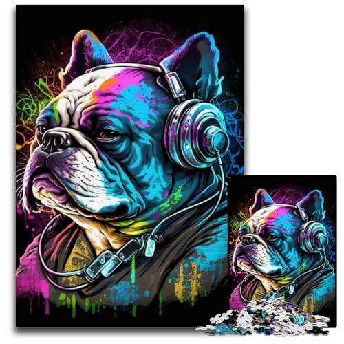 Puzzle für Erwachsene, 1000-teiliges Kopfhörer-Bulldoggen-Puzzle aus Pappe, ideal für Verliebte, perfektes Weihnachts-, Neujahrs- und Valentinstagsgeschenk, 26x38cm/10,23x14,96 Zoll von JIANGENNF