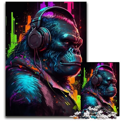 Puzzle für Erwachsene, 1000-teiliges Kopfhörer-Gorilla-Holzpuzzle, ideal für Verliebte, perfektes Weihnachts-, Neujahrs- und Valentinstagsgeschenk, 50x75cm/19,68x29,52 Zoll von JIANGENNF