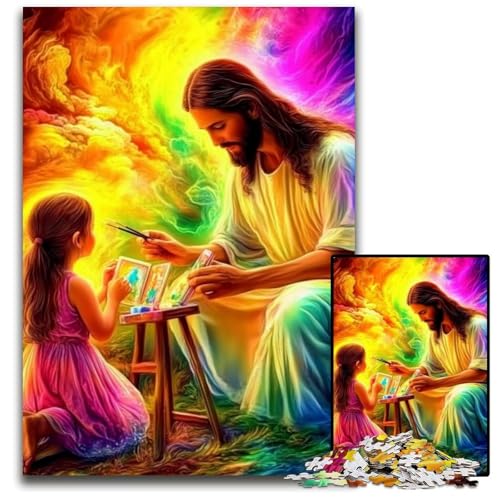 Puzzle für Erwachsene, 1000-teiliges Puzzle Jesus und das kleine Mädchen, Holzpuzzle, Weihnachten, Halloween, Ostern, Neujahr, 50x75cm von JIANGENNF