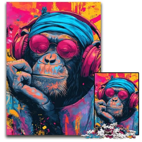 Puzzle für Erwachsene, 1000-teiliges Puzzle mit Affen, der Musik hört, aus Pappe, Lernspiel, Herausforderungsspielzeug für Erwachsene Teenager, 26x38cm von JIANGENNF