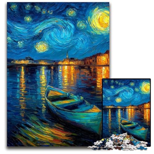 Puzzle für Erwachsene, 1000-teiliges Sternenhimmel-Boot-Holzpuzzle, Heimdekoration, Familienspaß, ab 14 Jahren, 50x75cm von JIANGENNF