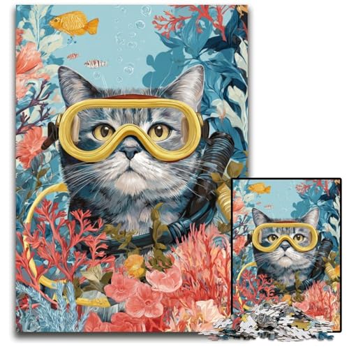 Puzzle für Erwachsene, 1000-teiliges Taucherkatzen-Holzpuzzle, Heimdekoration, Familienspaß, ab 14 Jahren, 50x75cm von JIANGENNF