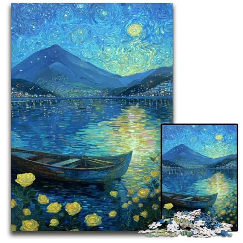 Puzzle für Erwachsene 1000 Boote unter dem Nachthimmel, Holzpuzzle, lustige Spiele, ganze Familie, für Kinder ab 14 Jahren, 50x75cm von JIANGENNF