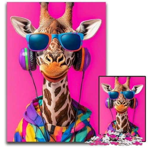 Puzzle für Erwachsene mit 1000 Teilen, Giraffe hört Musik, Papppuzzle, kompliziertes Design für Teenager, DIY-Dekor und gehirnfördernder Spaß, 26x38cm von JIANGENNF