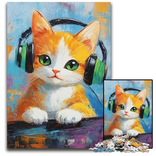 Puzzle für Erwachsene mit 1000 Teilen, Katze hört Musik, Holzpuzzle für Familienspaß, geeignet als Schreibtischdekoration für Kinder ab 14 Jahren, 50x75cm von JIANGENNF