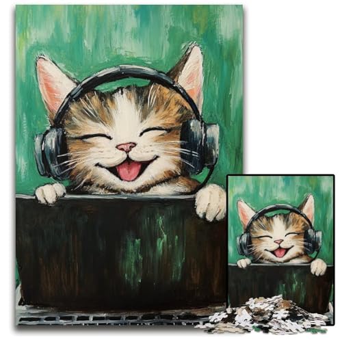 Puzzle für Erwachsene mit 1000 Teilen, Katze hört Musik, Holzpuzzle für Familienspaß, geeignet als Schreibtischdekoration für Kinder ab 14 Jahren, 50x75cm von JIANGENNF