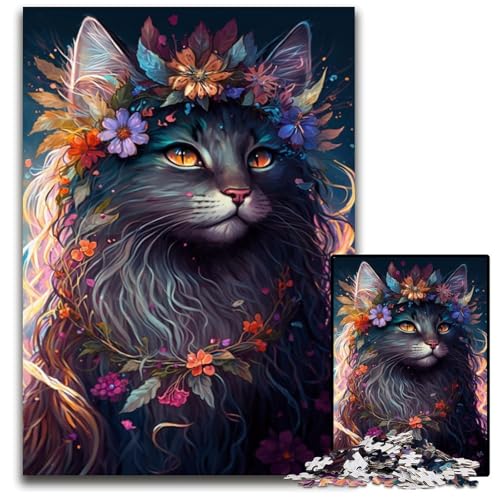 Schöne Blumenkatze, 1000-teiliges Puzzle, Puzzle für Erwachsene, anspruchsvolles Denkspiel, entspannendes Spielzeug für Teenager, 26x38cm/10,23x14,96 Zoll von JIANGENNF