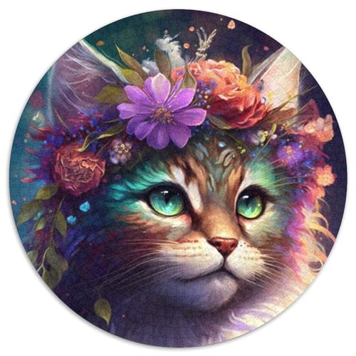 Schönes Blumen-Katzen-Puzzle 1000 Teile für Erwachsene, 1000-teiliges rundes Puzzle für Erwachsene, Lernspielzeug für Teenager, Heimbüro-Dekor (Größe 67,5 x 67,5 cm) von JIANGENNF