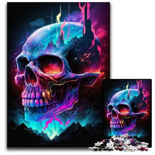 Synthwave Totenkopf-Puzzle 1000 Teile für Erwachsene, Puzzle für Erwachsene, interaktives Familienspiel, Denksportaufgabe, Lernspielzeug, 26x38cm/10,23x14,96 Zoll von JIANGENNF