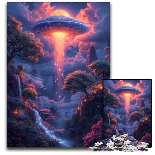 UFO in den Bergwolken, Puzzle, 1000 Teile, Holzpuzzle, Weihnachten, Halloween, Ostern, Neujahr, 50x75cm/19,68x29,52 Zoll von JIANGENNF
