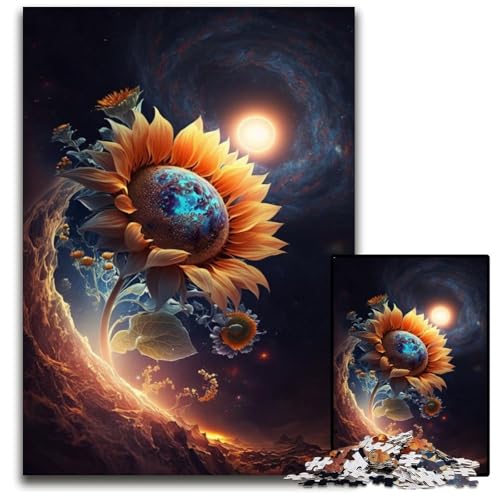 Weltraum-Sonnenblumen-Puzzle, 1000 Teile, Holzpuzzle für Erwachsene, für Reiseliebhaber und Paare, anspruchsvolles Spielzeug, 50x75cm/19,68x29,52 Zoll von JIANGENNF
