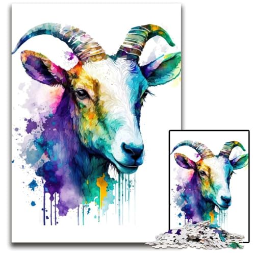 Ziegen-Aquarellporträt, 1000-teiliges Puzzle für Erwachsene, anspruchsvolles Denkspiel – entspannendes Spielzeug für Teenager, 26x38cm/10,23x14,96 Zoll von JIANGENNF