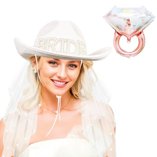 Cowboy Cowgirl Hut, Bride to Be 3 Stück mit Schleier und kurzer Braut kurze Handschuhe - Rodeo Junggesellinnenabschied Zubehör Land Hochzeit, Brautdusche weiß, Weiß, Large Cowboy Cowgirl Hut, Bride to Be 3 Stück mit Schleier und kurzer Braut kurze Handschuhe - Rodeo Junggesellinnenabschied Zubehör Land Hochzeit, Brautdusche weiß, Weiß, Large von JIANGLAI