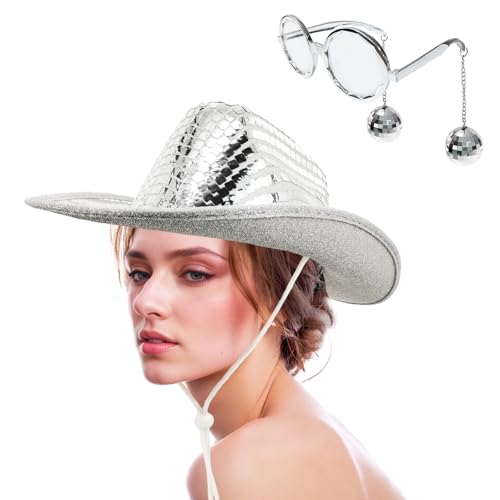 JIANGLAI Disco Western Cowboyhut mit Discokugel Sonnenbrille, große Pailletten, verspiegelter Cowgirl-Hut für Damen und Herren, Kostüm, Cosplay, Party (Silber) von JIANGLAI