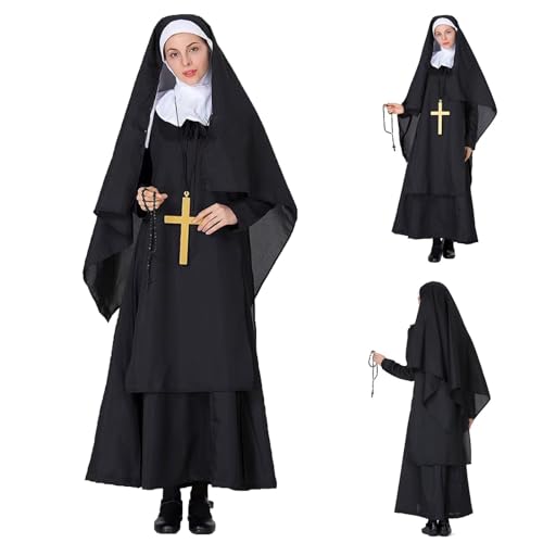 2025 Nonnen Kostüm Nonne Kloster Schwester Mittelalter Kostüm Damen Religiös Vikare Schwarz Kostüm Outfit mit Nonnenhaube Halskette Nonnenkleid Geeignet für Halloween Karneval Mottoparty Cosplay 2025 Nonnen Kostüm Nonne Kloster Schwester Mittelalter Kostüm Damen Religiös Vikare Schwarz Kostüm Outfit mit Nonnenhaube Halskette Nonnenkleid Geeignet für Halloween Karneval Mottoparty Cosplay von JIANGML