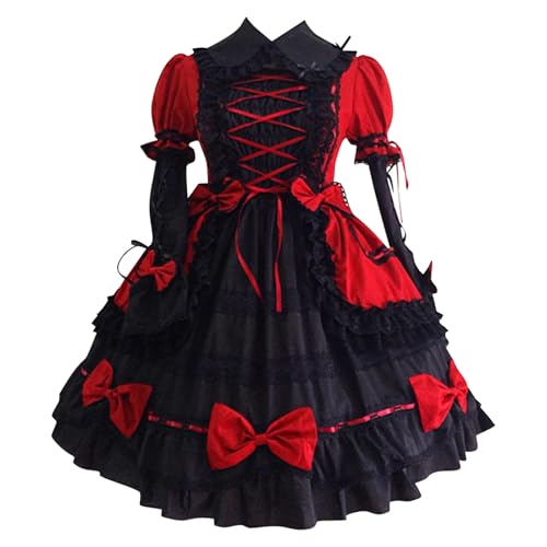 JIANGML 2025 Damen Klassisches schwarzes Gothic Lolita Kleid Abnehmbare Ärmel Multi Layered Halloween Cosplay Kostüm mit Schleifen von JIANGML