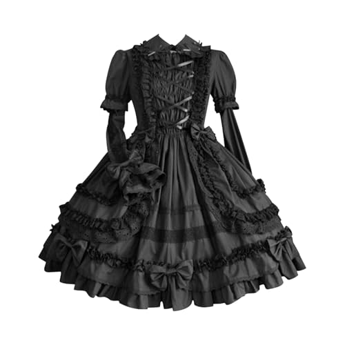 JIANGML 2025 Damen Klassisches schwarzes Gothic Lolita Kleid Abnehmbare Ärmel Multi Layered Halloween Cosplay Kostüm mit Schleifen von JIANGML