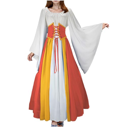 JIANGML 2025 Mittelalter Kleid Renaissance Damen mit Trompetenärmel Party Kostüm bodenlang Vintage Retro Costume Cosplay 2 Stück von JIANGML
