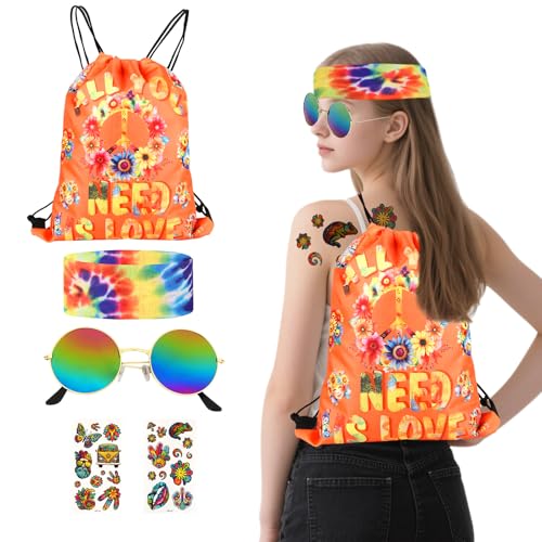 JIANGWON Hippie Kostüm Set, Hippie accessoires, Tie-Dye Headband, Retro Sunglasses, 70er Jahre Outfit Damen mit – Mode 60er Jahre Festival Zubehör für Schlagerparty & Kostüm von JIANGWON
