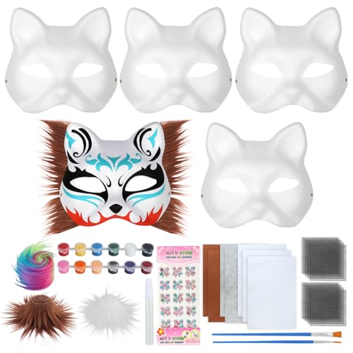 JIANGZHIB 5 Stück Katzenmaske Set, Weiße Therian Masken, Katzenmasken Zum Anmalen mit Edelstein Aufkleber, Fellen Und Augennetzen, Tier Katze Maske DIY Set Für Rollenspiele, Kostümpartys, Karneval JIANGZHIB 5 Stück Katzenmaske Set, Weiße Therian Masken, Katzenmasken Zum Anmalen mit Edelstein Aufkleber, Fellen Und Augennetzen, Tier Katze Maske DIY Set Für Rollenspiele, Kostümpartys, Karneval von JIANGZHIB