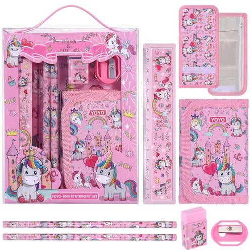 JIANTA Einhorn Schreibwaren Set, 6 Stück Einhorn Stifte Set für Mädchen, Radiergummi, Anspitzer, Brieftasche, Lineal, Bleistift, Kinder Mitgebsel, Geschenk Set für Mädchen und Junge von JIANTA