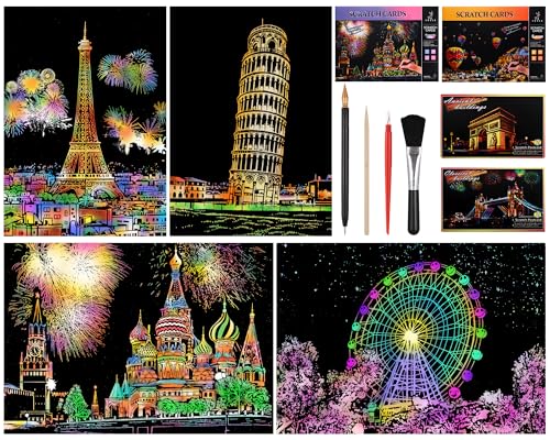 JIANTA Kratzbilder Erwachsene Set, 16 Stück Regenbogen Kratzpapier, A4+A5 Stadtgebäude Kratzpapier, mit 5 Werkzeug, Kratzpapier Set zum Erwachsene und Kinder von JIANTA