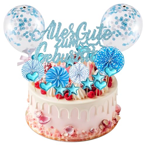 17 Stück Tortendeko Geburstagstorte, Alles Gute zum Geburtstag Kuchendeko, Glitter Cake Topper Happy Birthday Kuchen Deko mit Sternen Liebe Konfetti-Luftballons und Papierfächer von JIASHA