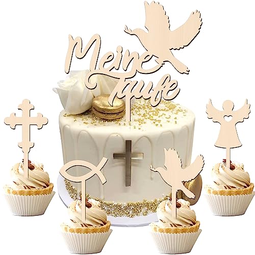 5 Stk Tortendeko Zur Kommunion Cake Topper,Taufe Holz Cake Topper,Meine Kommunion Torten Topper Taufe Tortendeko Zur Erstkommunion für Konfirmation Deko Junge Mädchen (A) von JIASHA