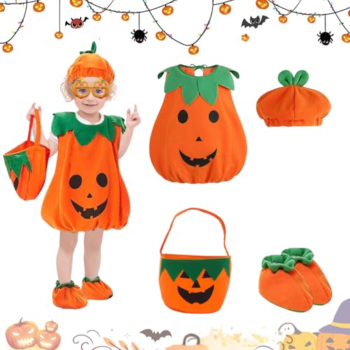 Halloween Kürbis Kostüm, Kinder Kürbis Kostüm Anzug, Kürbiskostüm Halloween mit Kürbiskorb, Kürbis Kostüm Kinder Jungen Mädchen Set, Kürbis Kostüme für Halloween Party Cosplay (120) von JIASHA