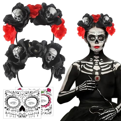 JIASHA 2 STK Tag der Toten Haarreif mit Gesicht Tattoos, Halloween Kostüm Stirnband Dia De Los Muertos Haarband Day of the Dead Haarschmuck, für Karneval Fasching Halloween Mottoparty, Schwarz JIASHA 2 STK Tag der Toten Haarreif mit Gesicht Tattoos, Halloween Kostüm Stirnband Dia De Los Muertos Haarband Day of the Dead Haarschmuck, für Karneval Fasching Halloween Mottoparty, Schwarz von JIASHA