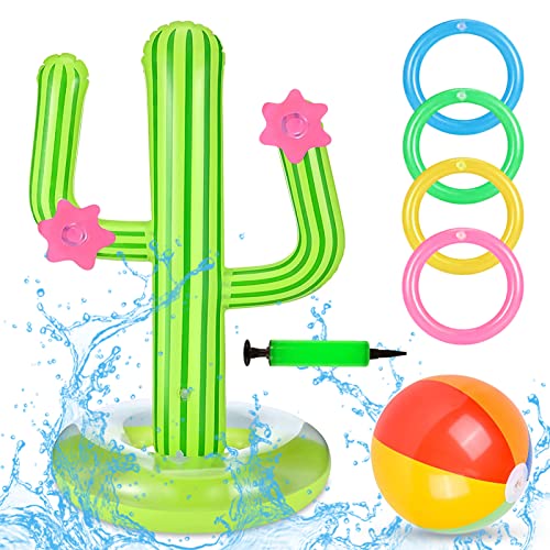 JIASHA Aufblasbare Kaktus Ring Wurfspiel, 7 Stück Poolspielzeug Beinhaltet 1 Aufblasbaren Kaktus 1 Aufblasbaren Ball 4 Aufblasbare Ringe und 1 Luftpumpe, für Party Sommer Schwimmbad Spiel von JIASHA