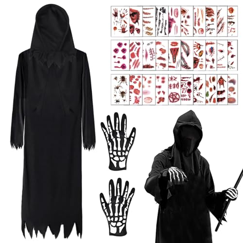 JIASHA Halloween Kostüm Sensenmann, Sensenmanns Schwarzes Gewand mit Masken und Handschuhen, Erwachsenenkostüm für Faschings Halloween Cosplay JIASHA Halloween Kostüm Sensenmann, Sensenmanns Schwarzes Gewand mit Masken und Handschuhen, Erwachsenenkostüm für Faschings Halloween Cosplay von JIASHA