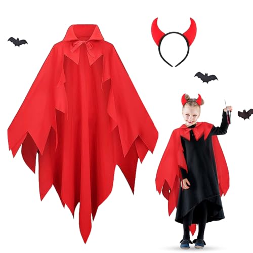 JIASHA Halloween Teufel Kostüm, Damen Teufelkostüm + Teufelshörner Haarreif, Teufelkostüm Umhang Teufelsumhang Teuflischem Rot, für Halloween Kostüm Mottoparty von JIASHA
