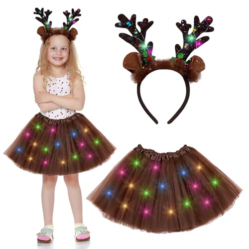 JIASHA Kostüm Rentier Kinder, Leuchtendes Reh Kostüm für Mädchen, LED Tutu Rock mit Rentier Haarreif, Karneval, Fasching, Cosplay von JIASHA