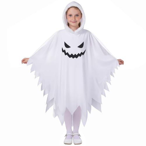 JIAWWAN Halloween Geister Umhang Weiß Kinder, Gespenster Kostüm, Halloween Kostüm Kinder Mädchen Geist, Ghost White Cape Costume, Geisterkostüm für Halloween Karneval Cosplay Party (M, 7-9 Jahre) von JIAWWAN