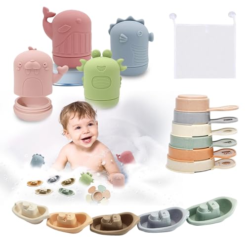 Baby Badespielzeug, 15 Stück Wasserspielzeug Kinder Silikon Badewannen Spielzeug, Baby Badewannenspielzeug Spritztiere Boot, Schwimmbad Badewanne Wasserspielzeug Geschenke für Babys Kleinkinder von JIDAYOEU