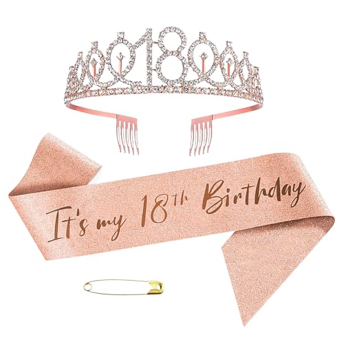 18th Geburtstag Krone Geburtstag Krone Schärpe, GeburtstagKrone und Schärpe, Kristall Tiara Krone Schärpe Rose Gold, 18 Geburtstag Geschenke Krone für Birthday Girl Party Dekorationen (Rosa) von JIEBAO