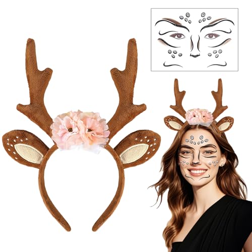 JIEBAO Rentier Haarreif, Geweih Haarreif + Reh Gesichtstattoo, Reh Haarreif, Haarreif Rentier, Reh Haarreif Damen, Reh Kostüm Damen, Rentier Kostüm für Karneval Fasching Cosplay Halloween Party JIEBAO Rentier Haarreif, Geweih Haarreif + Reh Gesichtstattoo, Reh Haarreif, Haarreif Rentier, Reh Haarreif Damen, Reh Kostüm Damen, Rentier Kostüm für Karneval Fasching Cosplay Halloween Party von JIEBAO